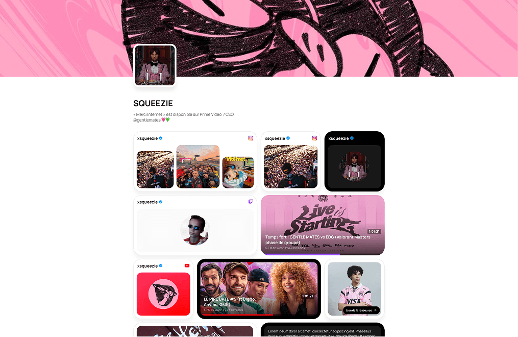 Template Gliint desktop inspiré du profil de Squeezie